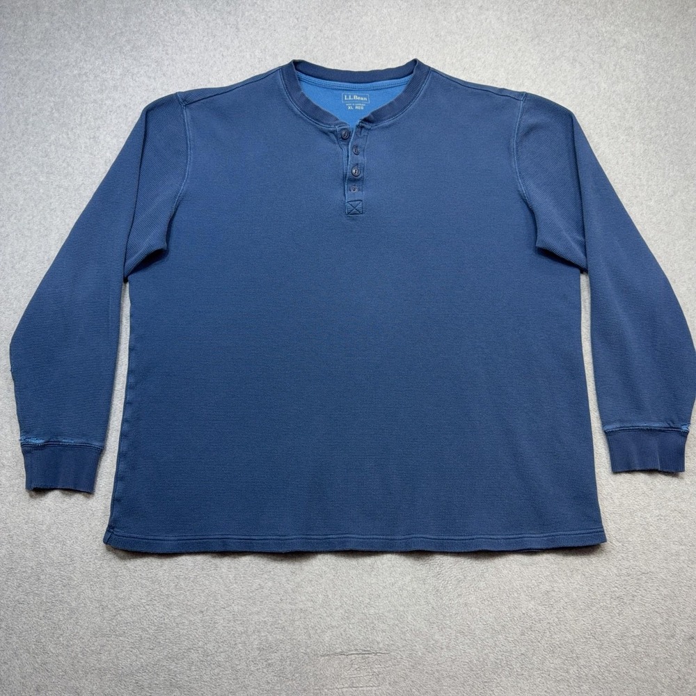 LL Bean Thermal Henley Shirt Mens XL Blue Long Sleeve Cotton Casual Waffle Knit